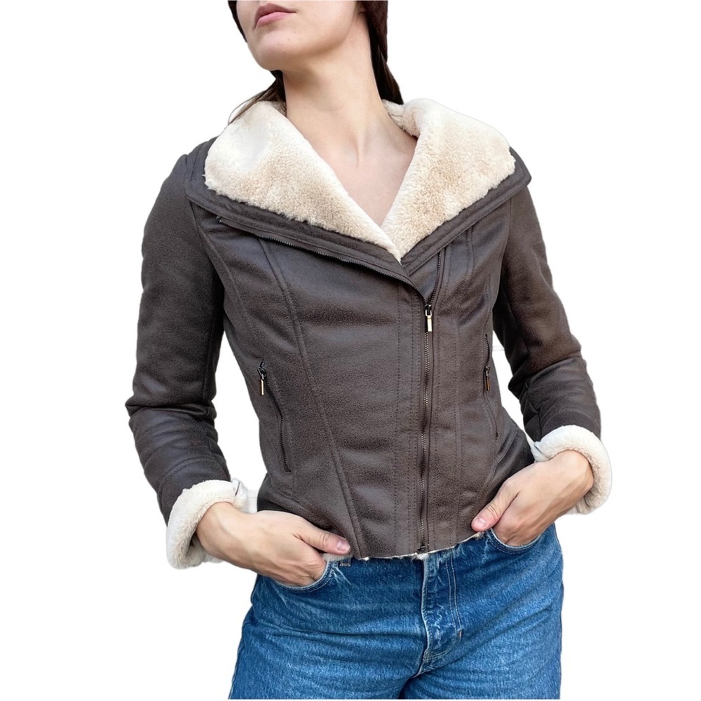 Bebe Sherpa Lined Asymmetrical Zip Front Cropped Vegan Suede Farmers Jacket S